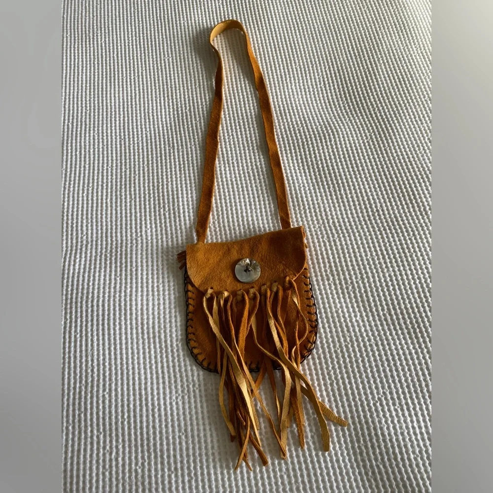 Fringed Tan Suede Mini Indigenous Purse with abalone button. - Picture 1 of 6